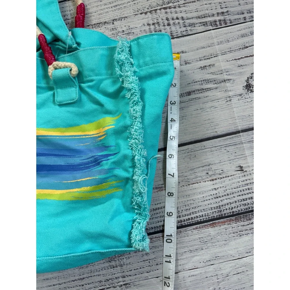 American Girl Tote Bag Kids Teal Hibiscus Flower Frayed Canvas Rope Handles